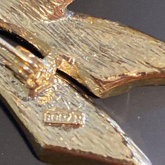 Vintage Bow Brooch Pin Signed Roman Estate Textured Gold Tone Metal Rhinestone R - Picture 8 of 16